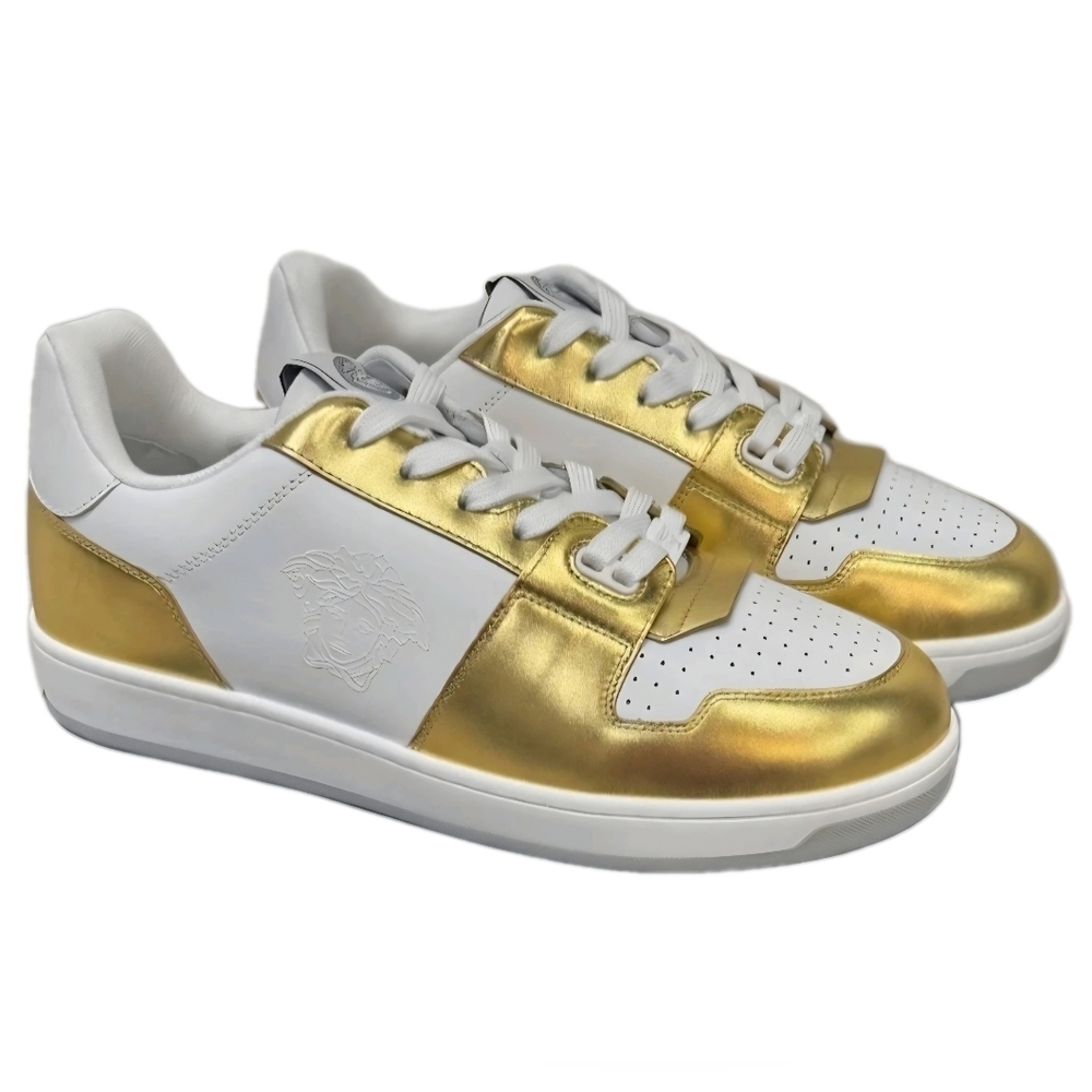 Versace Gold Medusa Logo Laminated Leather Sneakers EU 43.5 US Men's Size 10.5